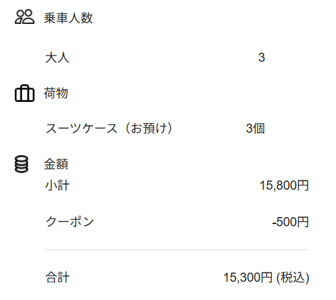 帰りの予約
合計:15,300円
