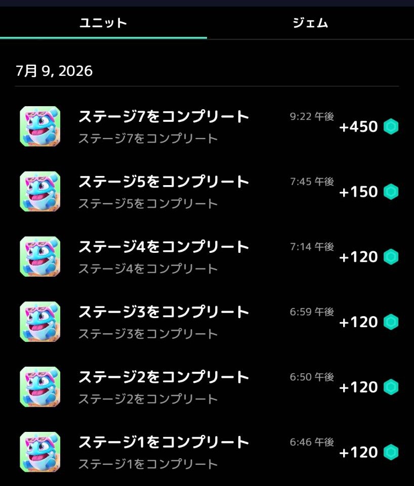 Candy Crittersで貯めたユニット履歴
私が初めて気づいたゲーム進捗型。ステージをクリアするたびにユニットを獲得しました。